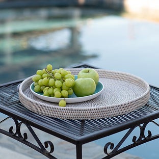 Artifacts Trading Company Artifacts Rattan Round Serving-Ottoman Tray with Glass Insert - Honey brown